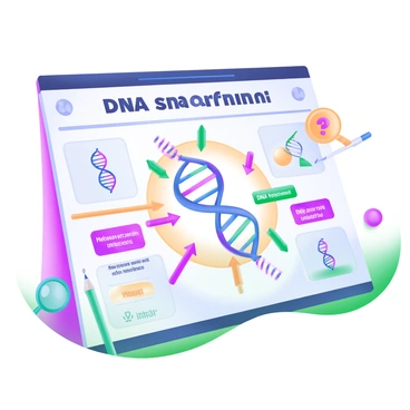 A modern pastel illustration of an interactive worksheet displaying the stages of DNA replication. At the center, there is a large, labeled diagram of a DNA double helix, with arrows indicating the unzipping of the strands. Surrounding the central diagram are smaller illustrations depicting key stages: helicase enzymes unzipping the DNA, DNA polymerase adding nucleotides, and the formation of new strands. Each stage is clearly labeled with bold, colorful text. Additionally, there are icons of magnifying glasses, question marks, and pencil sketches to emphasize the interactive nature of the worksheet.