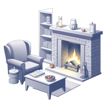 A living room featuring a traditional fireplace with an inviting fire burning brightly inside. The fireplace is made of brick, with a mantel decorated with various trinkets. In front of the fireplace, there is a plush armchair positioned at an angle, facing the warm glow. Next to the armchair, a small side table holds a decorative bowl filled with shiny, brown chestnuts. The room has a soft rug beneath the coffee table, which is topped with a few magazines and a steaming cup of tea. A bookshelf lined with books is visible in the background, adding to the cozy atmosphere.