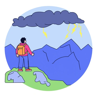 A hiker stands at the summit of a rocky mountain, looking out towards an approaching thunderstorm. The hiker is wearing a bright red rain jacket and has a backpack slung over one shoulder. Dark, ominous clouds gather in the sky, gradually rolling in from the horizon. The mountain landscape features jagged rocks and patches of green grass, and the scene conveys a sense of height and openness. In the distance, flashes of lightning can be faintly seen illuminating the clouds.