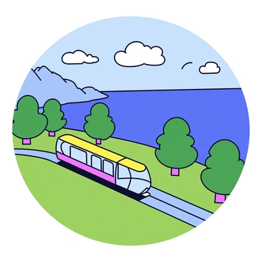 A funicular railway with a colorful, elongated car is ascending the sloping terrain. The railway track is visible, curving upwards towards the crest of the hill. Surrounding the funicular are green trees and shrubs, indicating a lush landscape. In the background, the shimmering blue expanse of Lake Geneva is visible, with the distant mountains framing the scene. The sky above is clear with a few fluffy white clouds.