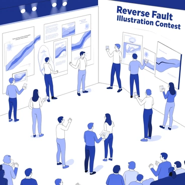 A spacious art gallery is filled with participants showcasing their illustrations of "reverse faults." Each artist stands beside their work, explaining the geological features depicted in their illustrations. The walls are lined with various drawings, each illustrating the characteristics of reverse faults, such as overlapping rock layers and displacement. The floor is occupied by a diverse audience, with some individuals taking notes while others discuss the technical details of each piece. Spotlights illuminate the artworks, enhancing the clarity of the intricate details in each illustration. In the background, a large banner displays the title "Reverse Fault Illustration Contest."