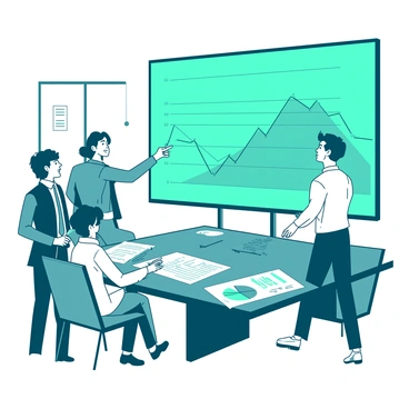 A teal financial graph displayed on a large screen in a modern office setting. Several individuals, dressed in business attire, are gathered around a conference table, pointing at different sections of the graph. One person is taking notes on a white notepad, while another is gesturing enthusiastically towards the trends shown on the graph. The atmosphere is focused, with charts and data sheets scattered across the table, highlighting various financial metrics.