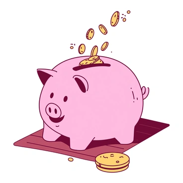 A pink piggy bank is sitting on a wooden table, its round body filled to the brim with shiny coins spilling out from its top. Some coins are rolling off the edges of the piggy bank, while others are scattered across the surface of the wooden table. The piggy bank has a cheerful smile on its face, and its eyes are wide and bright. The warm, natural texture of the wooden table contrasts with the smooth surface of the piggy bank.