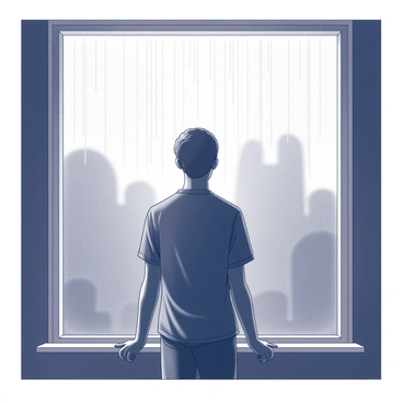 A figure standing at a window, watching the rain fall with a look of longing.