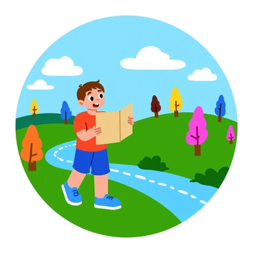 A child with short brown hair, wearing a bright red shirt and blue shorts, is holding a folded map in their hands. The child stands on a vibrant green grassy hill, looking curiously at the map. In the background, there are whimsical trees with colorful leaves and oversized flowers in shades of pink, yellow, and blue. A sparkling river winds through the landscape, and fluffy white clouds float in a clear blue sky. The child’s eyes are filled with wonder as they begin to explore this magical land filled with fantastical creatures and hidden treasures.