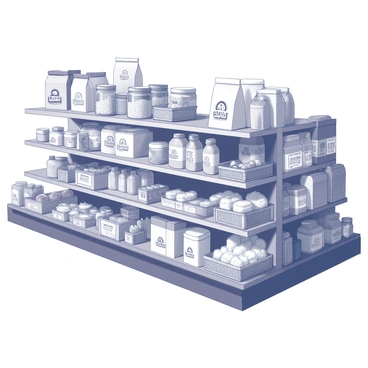 An indoor organic food section within a grocery store. The shelves are lined with a variety of eco-friendly products, including jars, boxes, and bags displaying "organic" and "non-GMO" labels. Each shelf is organized neatly, showcasing items such as grains, snacks, beverages, and fresh produce. The products are arranged in a way that emphasizes their natural qualities, with some items placed in wooden baskets or reusable containers. There are also small signs on the shelves indicating different categories of organic food.