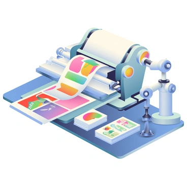 A futuristic printing press is depicted in a sleek, modern factory environment. The printing press is large and metallic, with intricate machinery that is seamlessly operated by advanced AI technology. Numerous robotic arms are actively moving, feeding sheets of paper into the press. Stacks of fresh prints, vibrant and colorful, are neatly arranged on tables around the press. The prints display various designs and images, hinting at the capabilities of the AI system. Soft blue and silver lighting illuminates the scene, highlighting the modernity of the equipment and the crispness of the fresh prints.