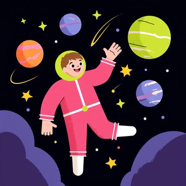 A child with short brown hair wearing a bright red spacesuit is floating in space. The child has an expression of wonder as they reach out with one hand towards a vibrant array of planets and stars. The planets vary in color, with one being bright green, another deep blue, and a third swirling with orange and purple hues. Stars of different sizes twinkle in the dark backdrop of space, some emitting rays of light. The child is surrounded by a few small glowing comets, adding to the magical ambiance of the scene.
