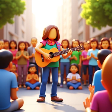 A street performer playing a guitar, surrounded by a captivated audience. The performer has long hair, wearing a colorful scarf and casual clothes. The crowd consists of diverse people, including children and adults, all watching in admiration. There are a few people sitting on the ground, while others are standing, clapping their hands to the rhythm of the music. The scene is set in an urban environment, with buildings and trees in the background. A soft glow of afternoon sunlight illuminates the performer and the audience, creating a lively atmosphere.