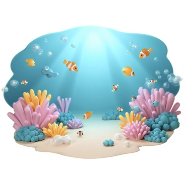 A vibrant underwater scene filled with various types of coral reefs, showcasing colors like bright pink, yellow, and blue. Numerous tropical fish swim throughout the scene, including a yellow tang with a flat body, a clownfish with orange and white stripes, and a blue parrotfish with a beak-like mouth. Sunlight filters through the water, casting shimmering reflections on the ocean floor. Small bubbles rise from the sand, adding movement to the tranquil environment.