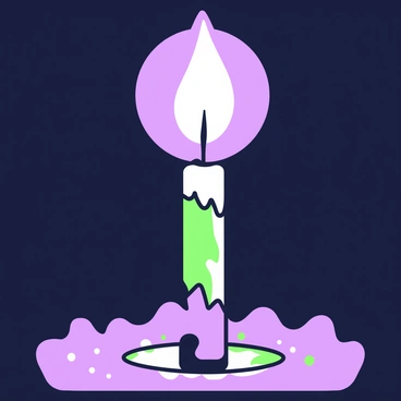 A close-up view of a single birthday candle is centered in the composition. The candle is slender and has a bright flame at its tip, flickering gently. The surrounding environment is dark, which enhances the brightness of the flame. The wax of the candle is a smooth texture, with a slight sheen reflecting the candlelight. The wick is slightly charred at the top, indicating it has been lit for a while. The light from the flame casts a soft glow, creating subtle shadows in the immediate area around the candle.