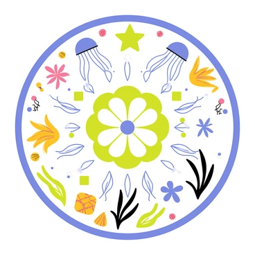 A circular mandala featuring intricate patterns and designs. The mandala includes detailed illustrations of various sea creatures such as "starfish" with five arms, "jellyfish" with flowing tentacles, and "coral" in diverse shapes and sizes. Each element is arranged symmetrically, creating a harmonious and balanced composition. The colors used in the mandala are vibrant and reflective of an underwater theme, with shades of blue, green, and hints of orange and pink.
