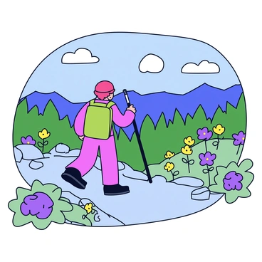 A person wearing a green hiking backpack is trekking up a steep trail surrounded by rocks and patches of grass. The hiker is dressed in a bright red jacket and sturdy black hiking boots. Along the sides of the trail, vibrant wildflowers are blooming in shades of purple and yellow. As the person ascends, distant mountains and valleys come into view, showcasing layers of green trees and rocky cliffs. The sky is clear and bright, with a few fluffy white clouds scattered. The scene captures the sense of adventure and the beauty of nature.