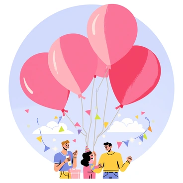 A festive illustration of balloons shaped like labia floating in a cheerful celebration.