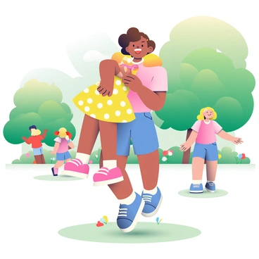 A young girl with curly brown hair is lifting her friend, who has straight blonde hair, in a playful manner at a park. The girl being lifted is wearing a bright yellow dress with white polka dots, while the girl lifting her is wearing a pink t-shirt and denim shorts. They are surrounded by lush green trees and colorful flowers in the park. In the background, a few other children are playing, and the sound of laughter fills the air. The sunlight filters through the leaves, casting playful shadows on the grass.