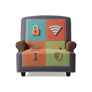 A patchwork quilt displayed on a cozy armchair, composed of various sections representing different cybersecurity measures. Each patch features distinct designs: one patch shows a digital lock in shades of blue and green, another depicts a firewall symbol in vibrant red and orange, while a third section illustrates a shield with a checkmark, rendered in gold and silver tones. The quilt's edges are adorned with a textured border, and the fabric appears soft and inviting, with a mix of patterns that convey a blend of technology and comfort. The overall composition emphasizes the importance of cybersecurity in a warm, homey setting.
