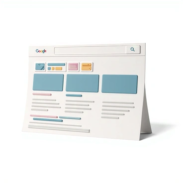 A search engine results page displayed in a 3D visualization. The top section features a series of highlighted ads, with each ad containing a colorful thumbnail image and bold text. Below the ads, organic search results are listed with clear titles and brief descriptions. The background of the page is a clean white, creating a contrast that emphasizes the ads and search results. The layout includes a search bar at the top, prominently featuring a blinking cursor, inviting user interaction.