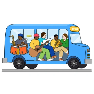 A large blue bus is parked on a street, with a cheerful and vibrant exterior. The windows of the bus are slightly tinted, allowing glimpses inside where a lively band is seated. Various musical instruments, such as a guitar with a shiny body, a colorful drum set, and a saxophone glinting in the light, are arranged prominently within the bus. The band members, a diverse group of four people, are animatedly chatting and laughing, each wearing casual, colorful clothing. Some of them are holding sheet music, and one person is practicing on the guitar. A small sign on the side of the bus reads "On Tour" in bold letters. The scene captures the excitement of a band on their journey.
