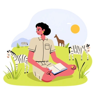 A biologist with short black hair is sitting cross-legged on the grass in a savannah. She is wearing a khaki shirt and cargo shorts, holding a notepad and a pencil. Around her, there are various wildlife species such as a group of grazing zebras and a solitary giraffe in the background. The sun is shining brightly in the clear blue sky, casting soft shadows on the ground. Small bushes and tall grasses frame the scene, adding to the natural environment. The biologist is focused on her notes, with a look of concentration on her face.