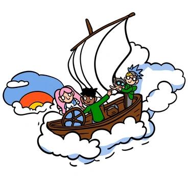 A group of anime characters on a skyship soaring through fluffy white clouds. The skyship has billowing sails and a wooden deck, with various intricate details. In the foreground, a light-skinned girl with long pink hair and big eyes is standing at the helm, wearing a blue and white outfit. Next to her, a dark-skinned boy with short black hair and big eyes is pointing towards the horizon, dressed in a green jacket. In the background, a boy with spiky blue hair, wearing goggles, is adjusting the sails. The scene captures the excitement of adventure and exploration as they journey towards a distant, colorful sunset on the horizon.