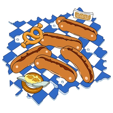 A colorful jigsaw puzzle design featuring several bratwursts arranged in various playful positions. Each bratwurst has a shiny, grilled appearance with light and dark brown markings. Surrounding the bratwursts are intricate Bavarian patterns in shades of blue and white, resembling traditional checkered designs. The puzzle pieces are distinctly shaped and interlock, showcasing a mixture of the bratwursts and the Bavarian elements. Some pieces have additional details like pretzels and mustard packets, adding to the fun theme of the puzzle. The overall composition is vibrant and engaging, inviting viewers to explore the lively scene.