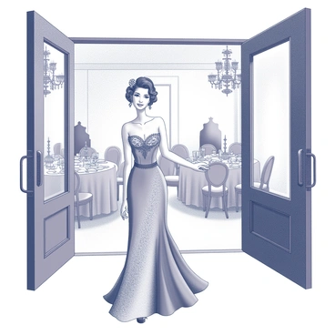A hostess standing at the entrance of a grand party hall. She is dressed in an elegant vintage gown with intricate lace detailing, featuring a fitted bodice and a flowing skirt that reaches the floor. Her hair is styled in soft curls, adorned with a decorative hairpiece that complements her attire. The party hall is decorated with opulent chandeliers hanging from the ceiling, casting soft light throughout the space. Elegant tables are set up with fine tableware, and guests are beginning to arrive, creating an atmosphere of anticipation. The hostess is smiling warmly, extending her hand in a welcoming gesture towards the approaching guests.