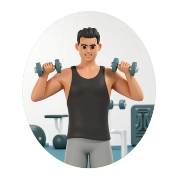 A person, wearing a black tank top and gray athletic shorts, is standing in front of a large mirror. They are holding a pair of dumbbells at shoulder height, with their arms bent at a 90-degree angle. The individual has short hair and is focused on their reflection. The environment around them includes gym equipment in the background, with weights and a bench visible. The lighting is bright, illuminating the person's determined expression as they engage in the shoulder press exercise.