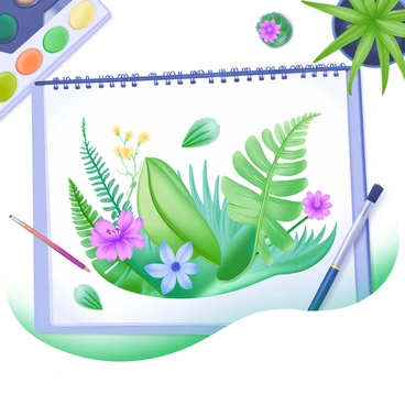 A botanical illustration displayed on a white illustration board. The artwork features an array of vibrant green leaves with intricate details. Delicate flowers in hues of pink, blue, and yellow are arranged among the foliage. The composition showcases various plant species, including ferns and succulents, with their textures clearly defined. Surrounding the illustration are small tools like a paintbrush and a palette.