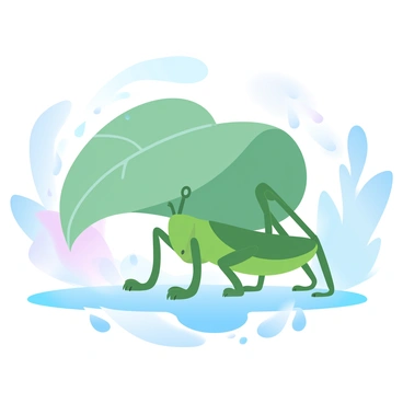 A grasshopper is perched on the ground, taking shelter beneath a large green leaf. The leaf is broad and slightly curled at the edges, providing cover from the falling rain. Raindrops are visible, splashing against the ground and creating small puddles around the grasshopper. The grasshopper is in a relaxed stance, its body a vibrant green that blends with the foliage. The background is filled with blurred shapes of other leaves and plants, suggesting a lush environment during the rain.