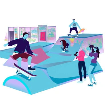 A bustling skatepark filled with skateboarders of various backgrounds. In the foreground, a young man with tanned skin and a black hoodie performs a kickflip over a ramp, showcasing his athleticism. Nearby, a girl with long brown hair, wearing a bright orange tank top and denim shorts, is mid-grind on the edge of a rail, her concentration evident. In the background, a group of friends watches an older skater with a mohawk who is attempting a complex trick off a half-pipe, surrounded by colorful graffiti art on the walls. The atmosphere is energetic, with bright sunlight illuminating the scene and casting dynamic shadows on the ground.