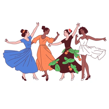 A group of dancers is performing with vibrant costumes that represent the elements of nature. One dancer, adorned in a flowing blue costume, embodies water, with shimmering fabric that reflects light. Another dancer, dressed in a bright orange outfit, represents fire, with bold patterns and dynamic movements. The dancer symbolizing earth wears a rich brown costume adorned with green leaves and flowers, standing firmly and gracefully. Lastly, the dancer representing air is dressed in a light, flowing white costume that sways elegantly with every movement. The dancers are arranged in a circular formation, showcasing their unique elements and celebrating the harmony of nature.