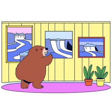 A beaver standing on its hind legs, looking closely at a series of framed paintings. The paintings depict famous dams, each showcasing unique architectural details and textures. The beaver has a fluffy brown fur coat and large front teeth that are slightly visible. The art gallery has wooden walls and soft, warm lighting that creates a welcoming atmosphere. There are a few potted plants on the floor, adding a touch of greenery to the space.
