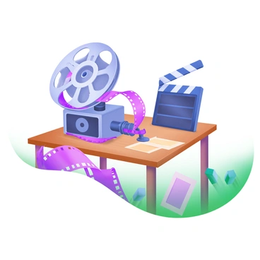 A wooden table is depicted with a classic film reel unwinding on its surface. The film reel is metallic with intricate details and has film strips flowing out of it, curling along the table. Nearby, a vintage film projector sits, casting soft shadows. The scene includes scattered movie tickets and an old-fashioned clapperboard, enhancing the nostalgic atmosphere of the setting.