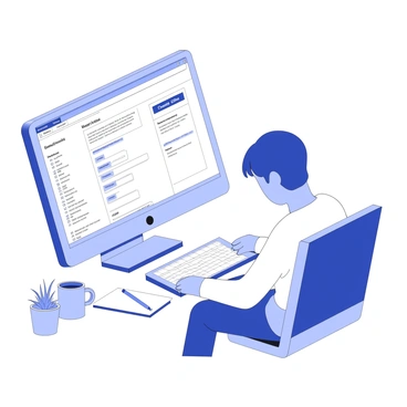 A user is sitting at a desk, attentively following an interactive tutorial on Microsoft SharePoint displayed on their computer screen. The screen shows step-by-step instructions with highlighted sections guiding the user's actions. The user is focusing on a specific area of the tutorial, where a cursor is clicking on a button labeled "Create Site." Nearby, a notebook and a pen are visible, indicating the user is taking notes. The desk has a few personal items, such as a coffee mug and a small potted plant, creating a work-friendly environment.