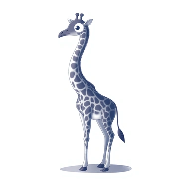 An animal with the elongated neck of a giraffe, standing tall on short, strong legs like those of a penguin. Its body is covered with a combination of sleek, black and white feathers, blending into the giraffe's patterned skin around the neck. The head features a beak resembling that of a penguin, while the large, expressive eyes are similar to those of a giraffe, set wide apart. The animal stands in a natural setting, possibly near water, with its unique silhouette contrasting against the landscape.