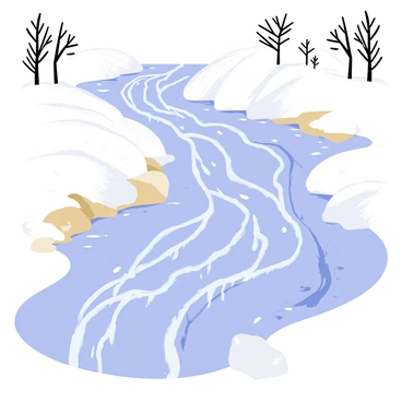 A frozen stream with intricate ice patterns on its surface during winter