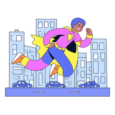 A young superhero is wearing a bright red and blue costume with a bold emblem on the chest. The superhero has a confident expression and a flowing cape trailing behind. The character is soaring above a modern city skyline, which features a variety of tall buildings with large windows reflecting the sunlight. The sky is clear, adding to the vibrant colors of the scene. Below, small cars are visible on the streets, emphasizing the height of the flight.