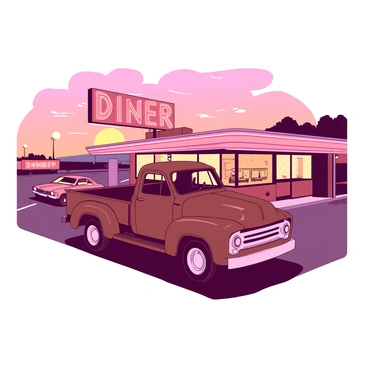 A brown truck is parked adjacent to a classic American diner during sunset. The diner features a retro design with shiny chrome details and a vibrant neon sign that reads "DINER" in bold letters. The sky is filled with warm hues of orange and pink as the sun sets on the horizon. Soft shadows stretch from the truck and diner onto the asphalt parking lot. A few vintage cars are visible in the background, completing the nostalgic scene.