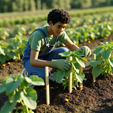 A gardener with light brown skin and short curly hair is kneeling in a garden bed filled with rich, dark soil. They are wearing a green shirt and denim overalls, with gardening gloves on their hands. The gardener is carefully staking cucumber plants using wooden stakes, ensuring that the vines are secured upright. Surrounding the plants, there are vibrant green leaves and small yellow flowers. The sun casts warm light over the scene, illuminating the healthy cucumber plants. In the background, there are rows of other vegetable plants growing in the well-tended garden.