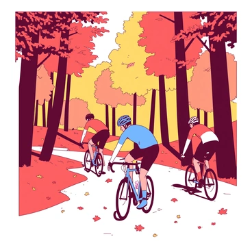 A group of cyclists in colorful jerseys is racing through a forest path. The trees are tall and filled with vibrant autumn leaves in shades of orange and red. Some leaves are falling gently to the ground, creating a beautiful carpet of colors on the forest floor. Sunlight filters through the branches, casting warm light on the scene. The cyclists are focused and energetic, pedaling swiftly along the winding trail.