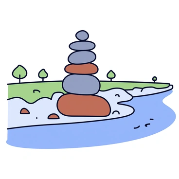 A stack of balanced stones of varying sizes, carefully arranged on a smooth riverbank. The stones are gray and brown, creating a natural appearance. The river runs gently beside the stones, its surface reflecting the colors of the sky. Soft green grass and small pebbles can be seen around the base of the stone tower, adding texture to the scene. In the background, a few sparse trees are visible along the river's edge.