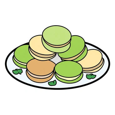 A round white platter filled with an assortment of macarons in various colors, showcasing different shades of green, beige, and light brown. Each macaron has a smooth, glossy surface and is filled with a creamy matcha-flavored filling. The macarons are arranged in a spiral pattern, with some stacked on top of each other for added height. Around the platter, there are small decorative leaves that hint at the matcha flavor, and the overall presentation is bright and inviting, emphasizing the vibrant colors of the macarons.