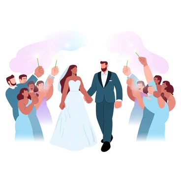 A bride in a flowing white wedding dress and a groom in a tailored suit are walking hand in hand. They are surrounded by guests holding sparklers, creating a tunnel of shimmering lights. The guests are smiling and celebrating, with some raising their sparklers high in the air. The scene captures the joy of the moment, illuminated by the glow of the sparklers, as the couple exits their wedding venue. A soft, pastel sky is visible in the background, adding to the festive atmosphere.