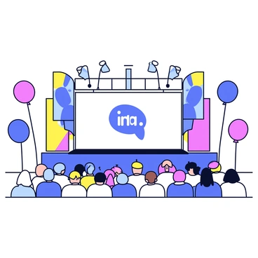 An outdoor stage is set for a brand's product launch event. The stage features a large backdrop with the brand's logo prominently displayed in the center. Colorful banners are hanging from the sides of the stage, showcasing the product and vibrant designs. There are several balloons in various shapes and colors floating around the stage area, adding a festive atmosphere. The stage is equipped with bright spotlights aimed at the center, illuminating the space for the presentation. In front of the stage, a crowd is gathered, eagerly waiting for the event to begin.