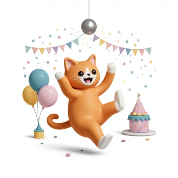 A fluffy orange cat with white paws and a playful expression is joyfully dancing on its hind legs. The scene is set at a birthday party, with colorful balloons and streamers in the background. A shiny disco ball hangs from above, casting sparkles of light around the room. The cat's tail is held high as it twirls, and there are vibrant party decorations scattered on the tables nearby.