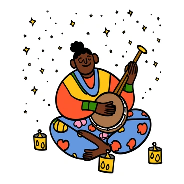 A musician with light skin and short black hair is sitting on the ground, passionately playing a dholki. The musician is wearing a colorful traditional outfit with vibrant patterns. The dholki is prominently displayed, with the musician's hands striking the drum enthusiastically. Above, the sky is filled with shining stars, casting a gentle light on the scene. Surrounding the musician are small, glowing lanterns that add warmth to the atmosphere.