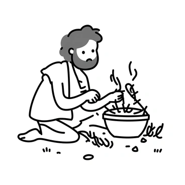 A caveman with a rugged appearance, wearing a simple animal skin garment, is intently weaving a basket. He is seated on the ground, surrounded by several flexible branches of varying lengths. His strong hands skillfully interlace the branches, shaping the basket's form. The backdrop features a few scattered stones and patches of grass, emphasizing the natural environment. The caveman's expression shows focus and determination as he works on his creation.