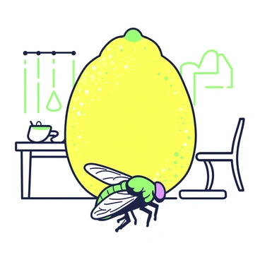 A fruit fly is hovering in the foreground, its wings shimmering with intricate details. The fly is positioned in front of a giant lemon, which has a textured, bumpy surface and a vivid color. The lemon towers over the fly, creating a sense of scale and intensity. The background features an out-of-focus kitchen table, suggesting a domestic setting. The lighting highlights the fly's delicate features and the lemon's glossy surface, emphasizing the contrast between the two. The scene captures a moment of tension and confrontation between the tiny insect and the massive fruit.