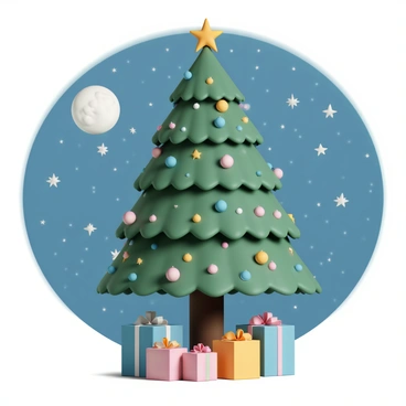 A large Christmas tree, beautifully decorated with colorful ornaments and twinkling fairy lights, stands proudly. The tree is lush and full, with a bright star perched on top. Below the tree, there are various wrapped presents in vibrant colors. The scene is set under a clear, starry night sky, with countless stars illuminating the darkness. The moon is also visible, casting a gentle glow over the tree and the surrounding area.