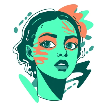 A face is depicted with bold features and striking expressions. The skin tone is a mix of teal and bright orange, creating a dynamic contrast. The eyes are large and expressive, surrounded by intricate patterns that mimic spray paint textures. The background consists of abstract shapes and lines that enhance the energy of the composition, all in the same teal and orange color scheme. The overall look is vibrant and eye-catching, drawing attention to the unique details of the face.